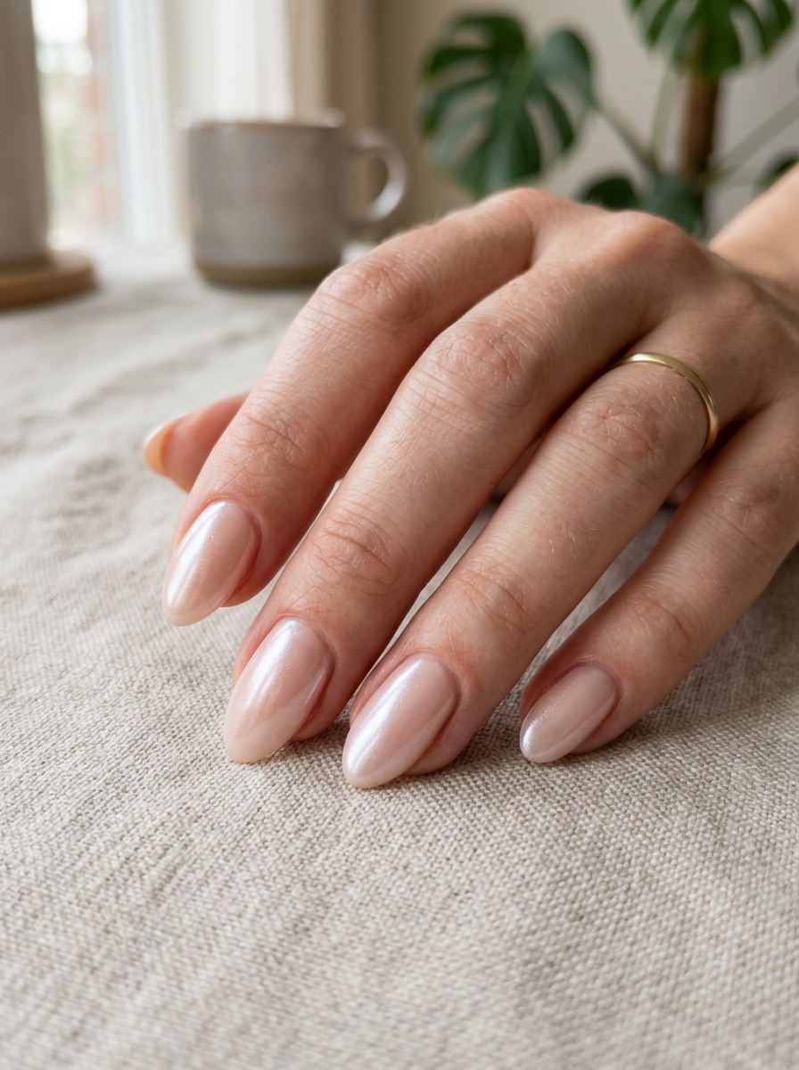 Pearl Chrome Short Almond Nails als Kurze Almond Nails Inspiration 2026